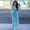 French Blue Floral Spaghetti Strap Dress for Women, Summer 2026 New Stunning Beach Vacation Long Dress