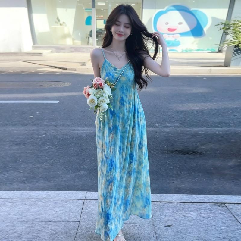 French Blue Floral Spaghetti Strap Dress for Women, Summer 2026 New Stunning Beach Vacation Long Dress