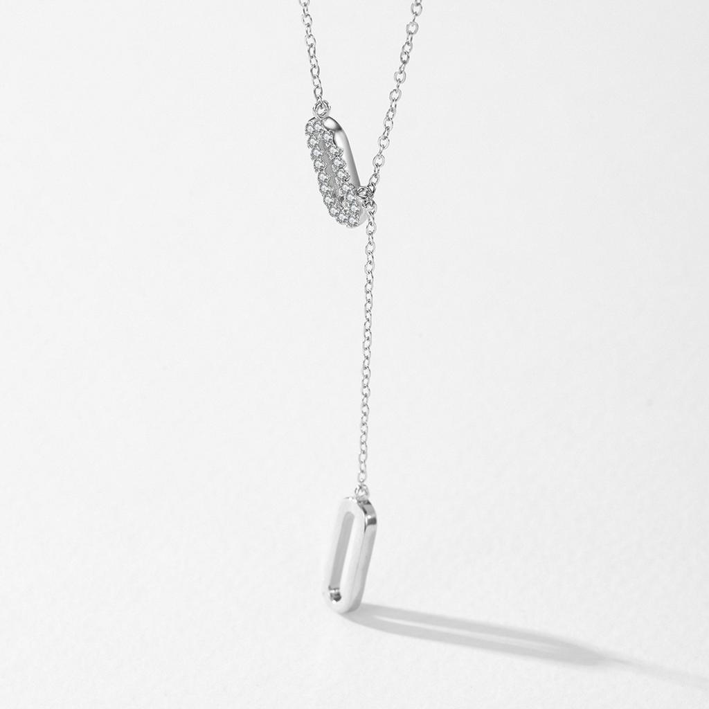 Trendy Gift Jewelry S925 Sterling Silver Zircon Pendant Paper Clip Y-Shaped Tassel Design Necklace for Women