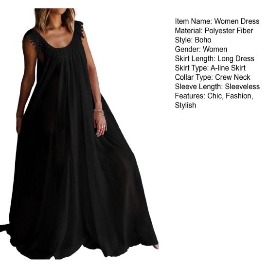 Women Casual Maxi Dress Boho Tassels Sleeveless Crew Neck Beach Sundress Summer Flowy Cocktail