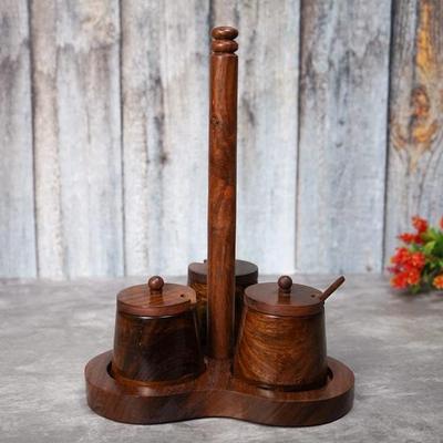 3-i-1 Sheesham Wood Masala Burk, Spinnande Bänkskiva Kryddpeppar Kryddbehållare med skedar, Spice Burk Serveringsset med Stativ