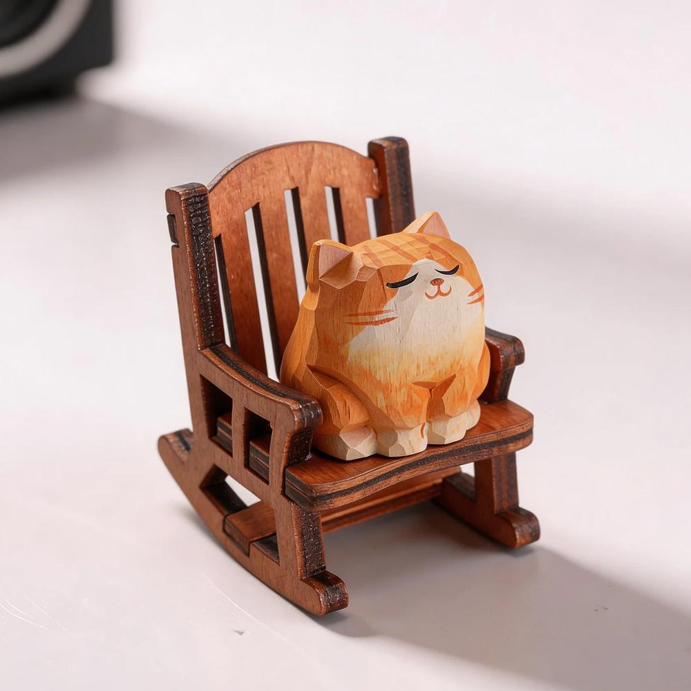 Hand Carved Wooden Cat Figurine Cute Kitten Statue Home Desktop Decor Calico Orange Cat Ragdoll Bombay Cat Miniature Craft Gift