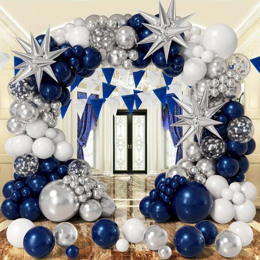 131pcs Navy Blue Silver and White Balloon Garland Arch Kit for Winter, Birthday, Anniversary, Graduation Ceremony Decoration