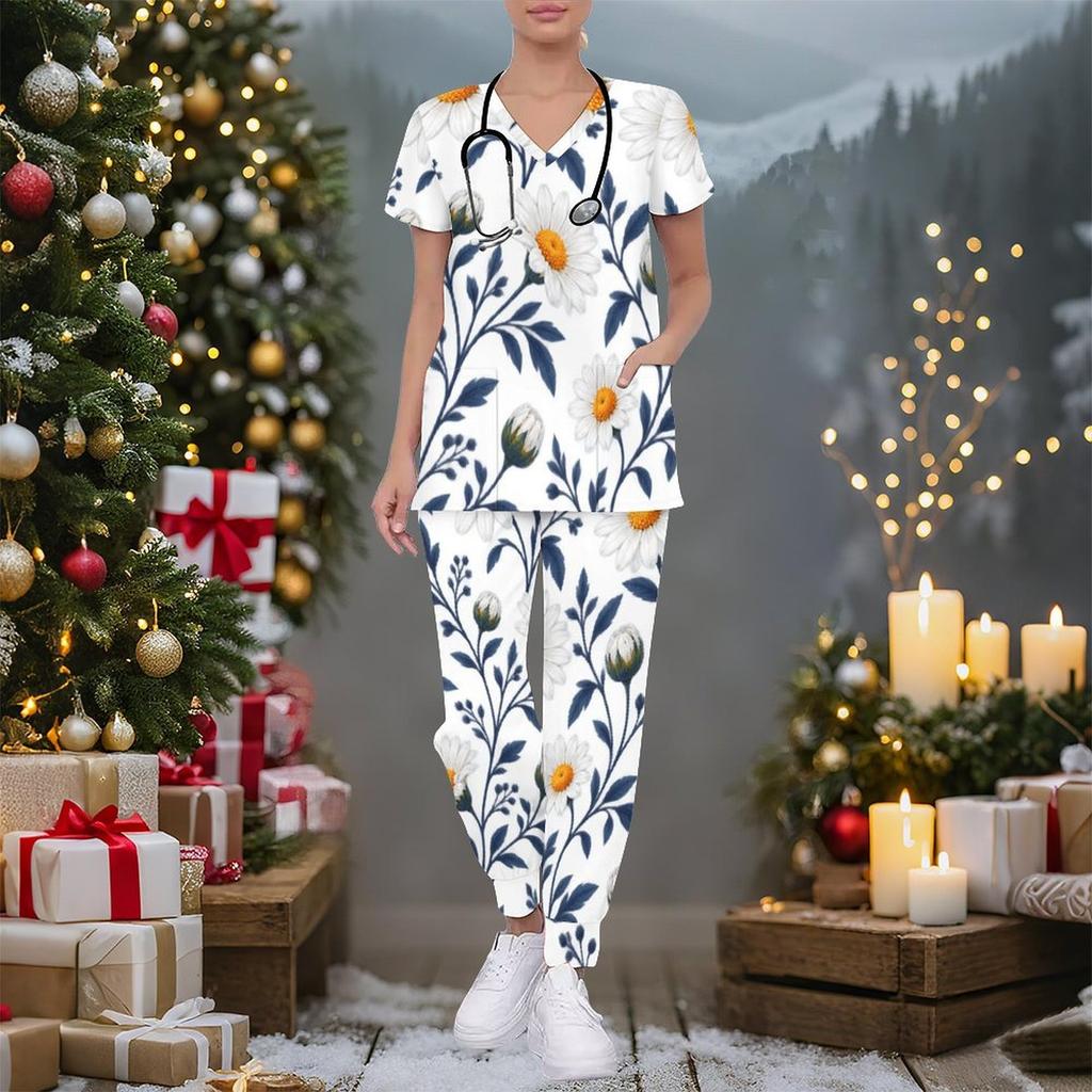 Women Plus Size Floral Printed Nurse Scrub Set V Neck Short Sleeve Pocket Top Long Pants