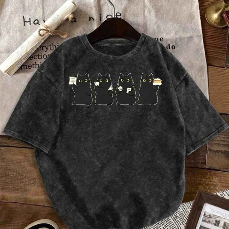 An Interesting Mahjong Cat T-shirt Vintage Washed Oversized Shirt Casual and Relaxed Streetwear Suitable for Cat Lovers' Outfits Daily Wear Cool Top
