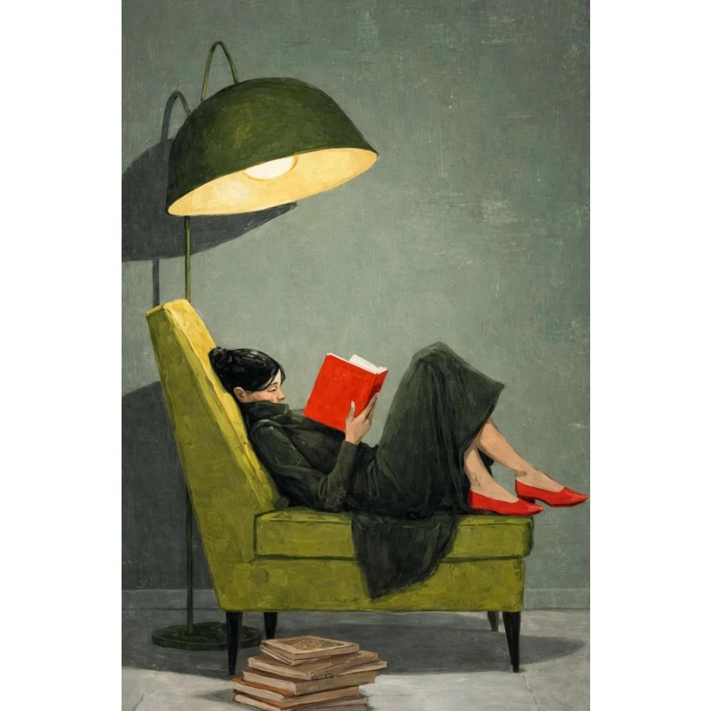 Vintage Woman Reading On Green Chair Canvas Poster Print Painting Modern Aesthetic Art Picture Living Room Wall Art Home
