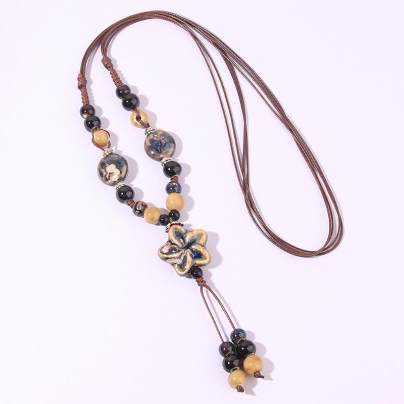 Bohemian Flower Colorful Ceramic Bead Necklace Tricolor-Beaded Jewelry Flower Tassel Choker Chain Jewelry Gift for Women