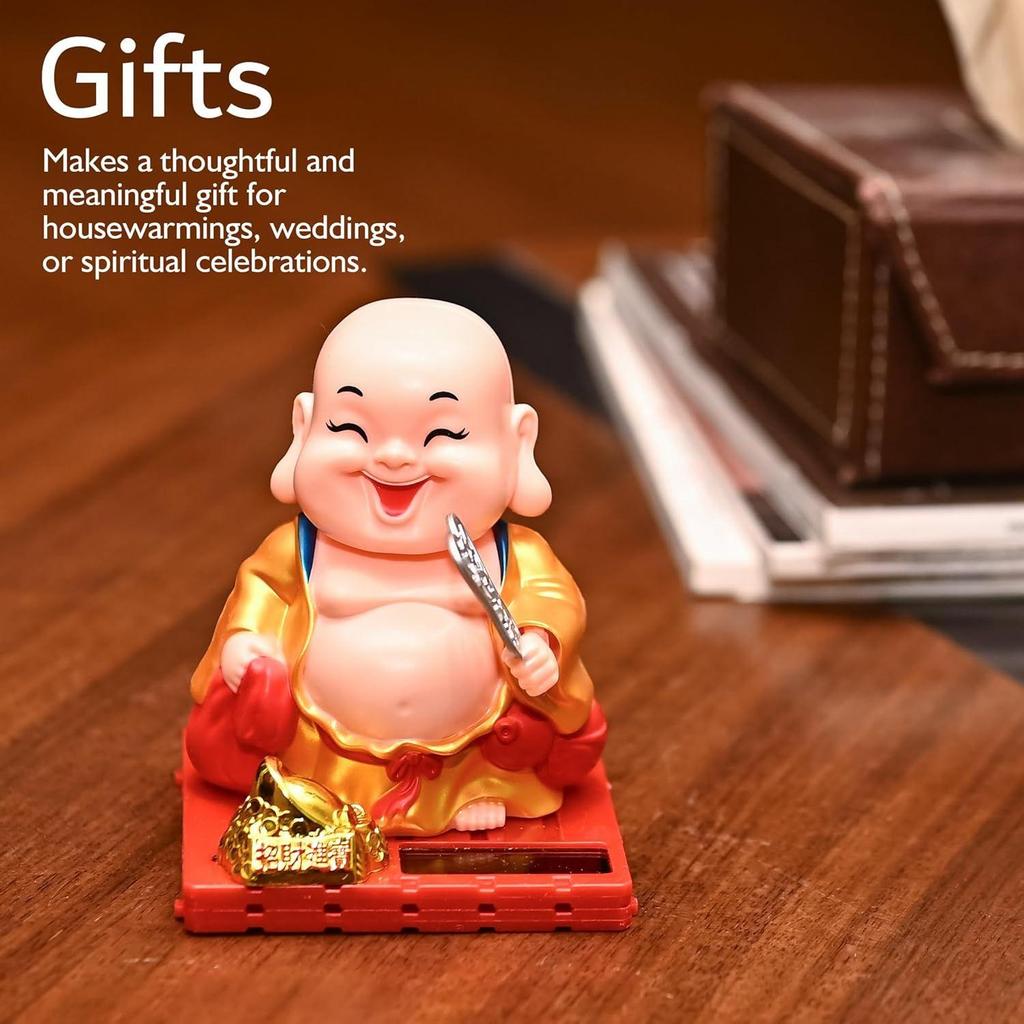 Car Dashboard Decoration Items – Solar Buddha Monk with Moving Head & Hand Holding Money Potli | Feng Shui Good Luck Buddha