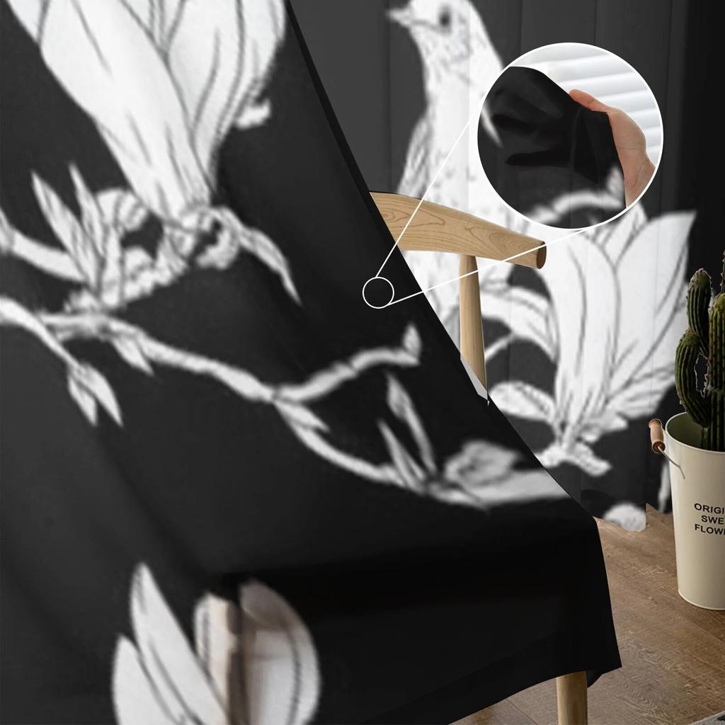 Magnolienzweig mit Blumen und Vogelfenstervorhängen, transparenter Chiffon-Tüllvorhang, Heim- und Wohnzimmer-Hintergrunddekoration