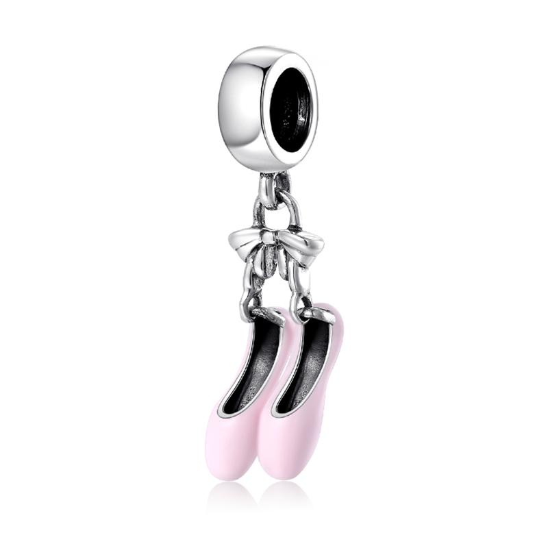 Real 925 Sterling Silver Pretty Dance Shoe Enamel Pink Pendants Fit Bracelet Beads Fashion Jewelry Accessories Wholesale Jewelry