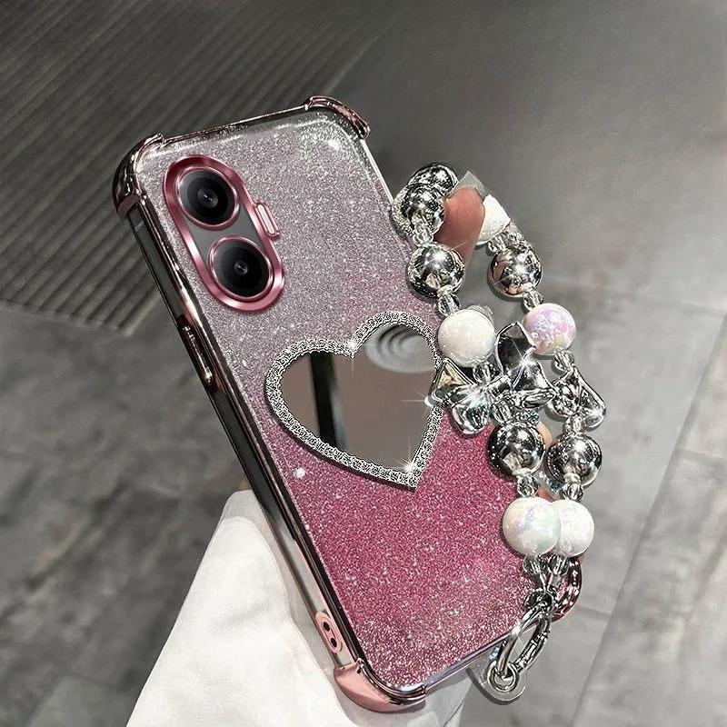Glitter Shockproof Plating Flower Mirror Bracelet Case for Xiaomi POCO X7 X6 X5 X3 NFC Redmi Turbo 4 3 Pro A5 A3 Silicone Cover