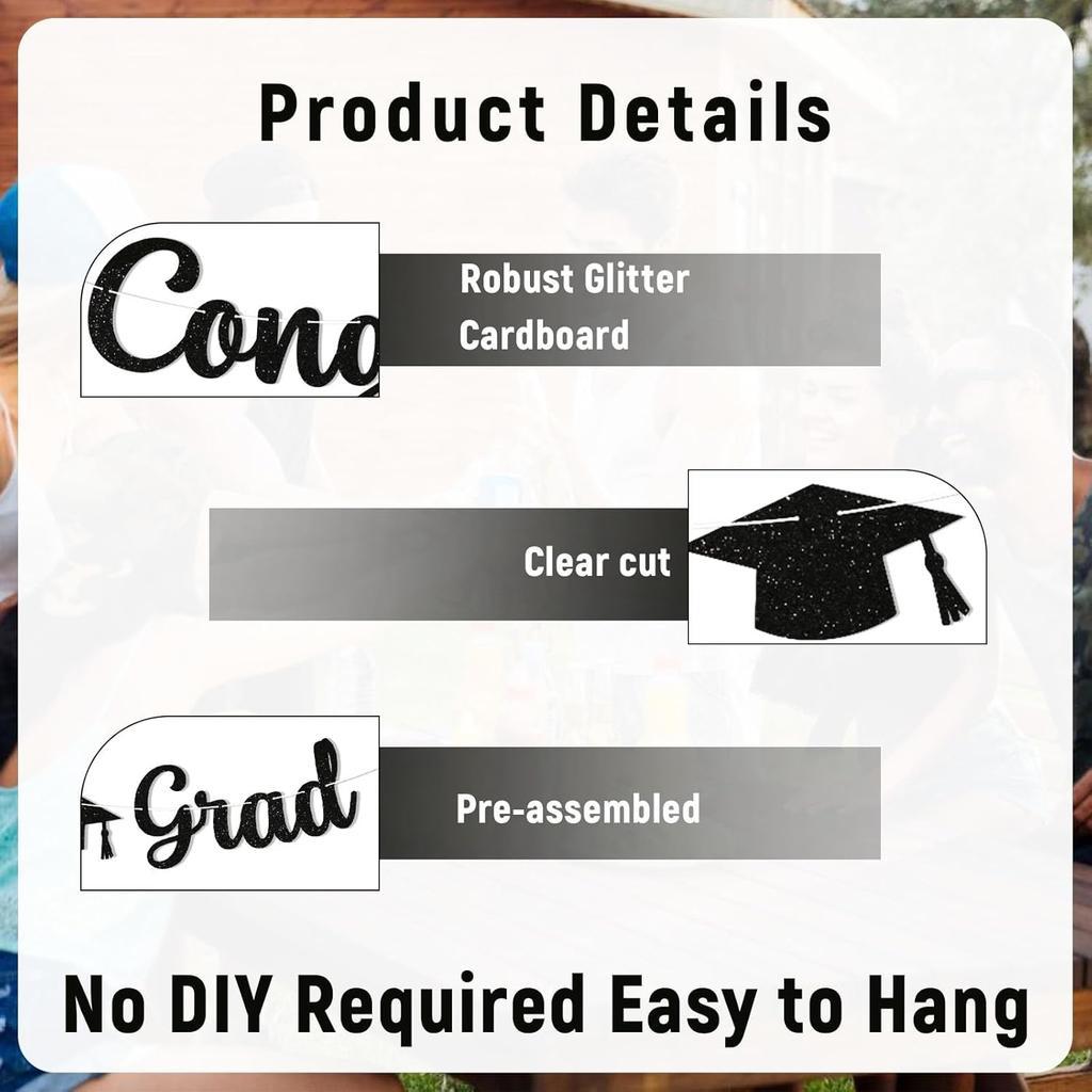 Pre-Strung Congrats Grad Banner - Black Glitter Graduation Party Banner with Cap, Congratulations Graduate Decor, High School College Graduation