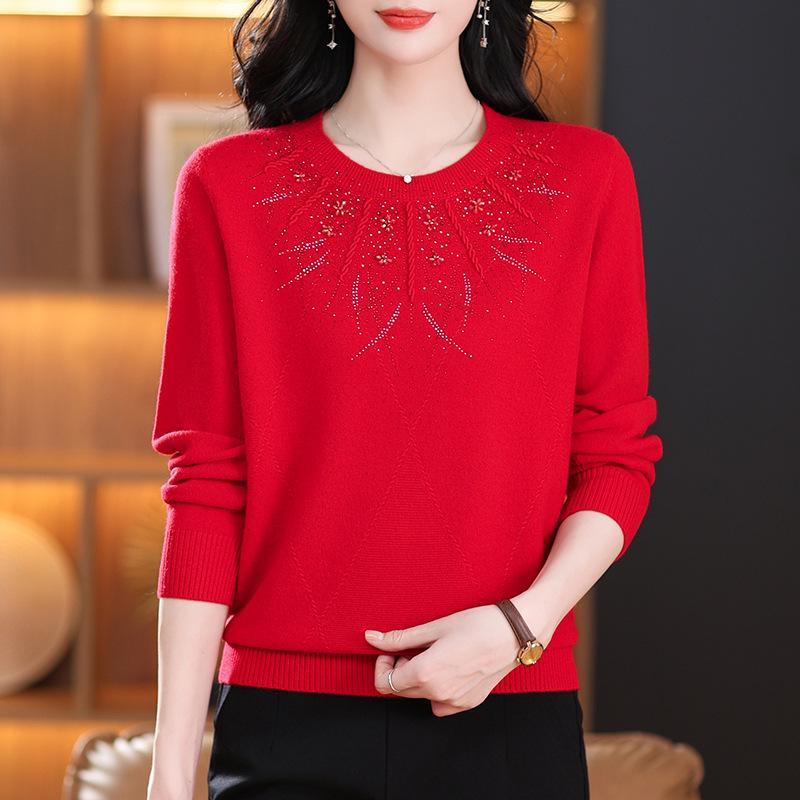 Premium Plus-Size Women's Pure Wool Sweater: Autumn/Winter Low Round Neck for Middle-Aged & Elderly