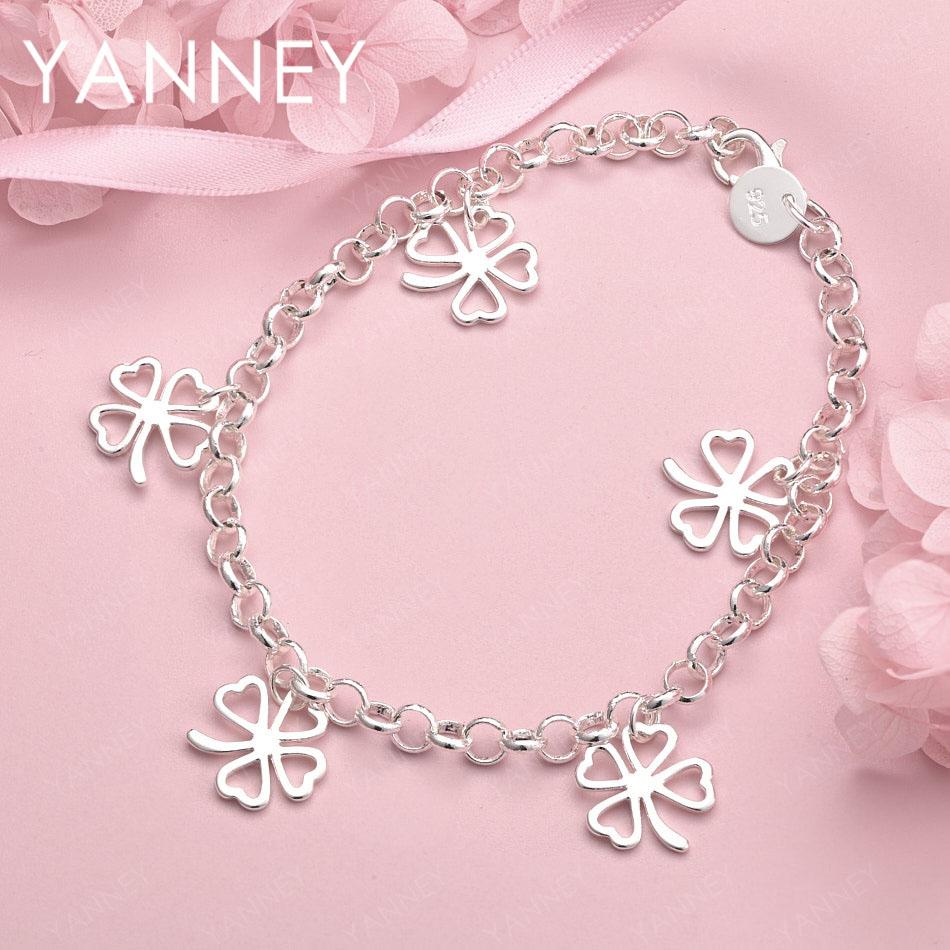 

925 Sterling Silver 8-inch Delicate Four-Leaf Clover Bracelet, Fashionable Wedding Party Jewelry Gift for Women