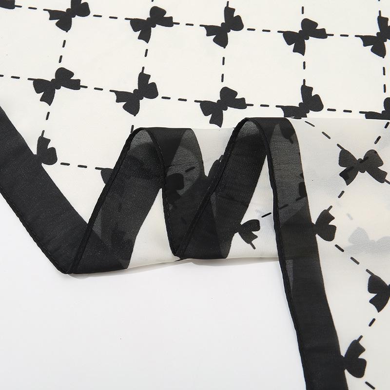 Fresh Black and White Bow Print Scarf Spring and Summer Thin Silk Scarf Air-conditioning Room Outside the Big Shawl Scarf