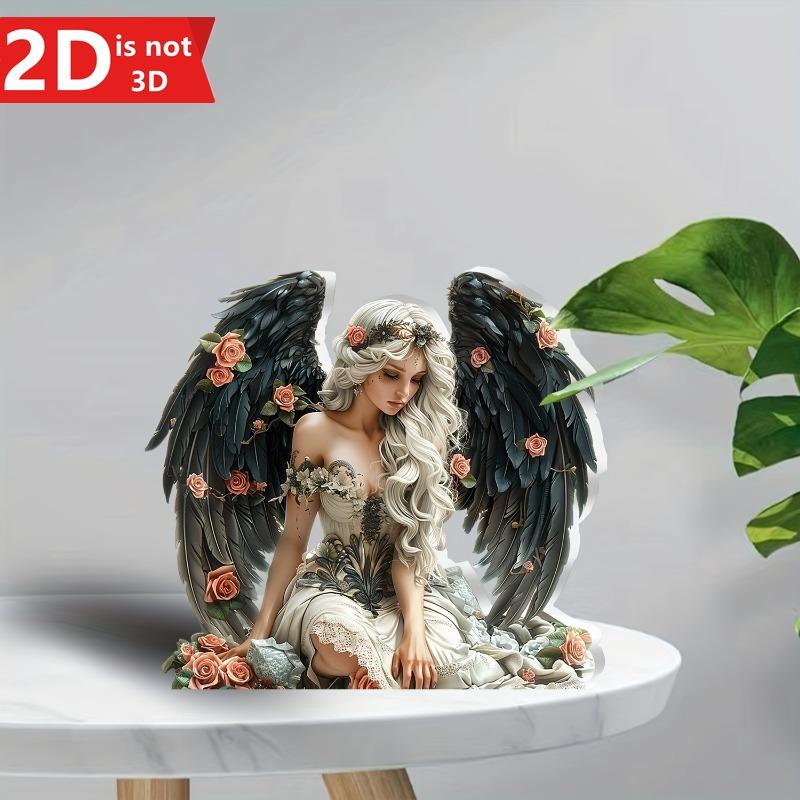 

1 piece of 2D elegant angel with big black wings and roses, desktop decor, perfect for home, office desk or cafe, unique gift чистый