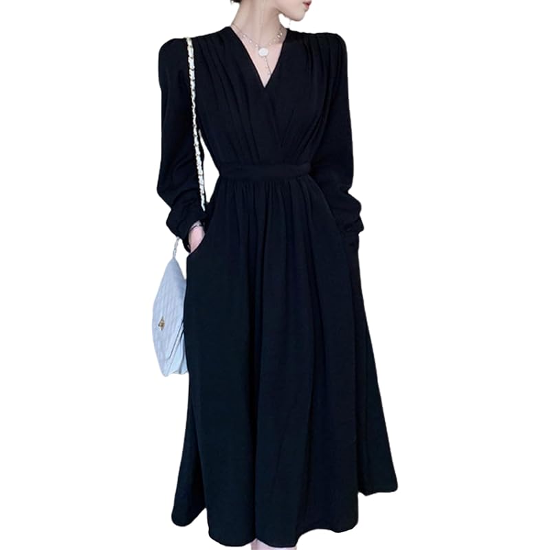 

[BLANK BLANC] one piece Longish with pocket flare big size A-line Elegant work clothes invited After-party waist mark spring black 5S-B08-BKXL