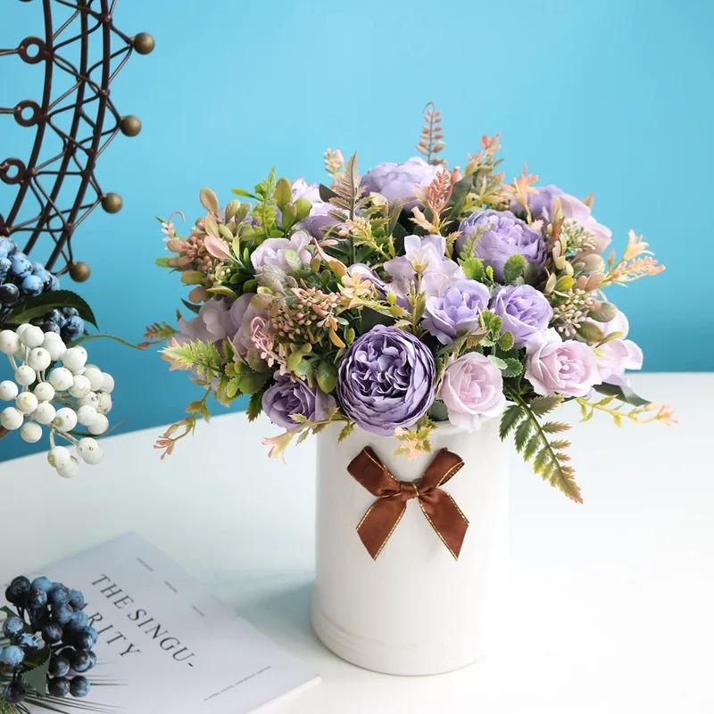 Peonies Rose Artificial Flowers Autumn Fake Peony Silk Hydrangea Flowers Bouquet Wedding Arrangements Floral for Home Decoration