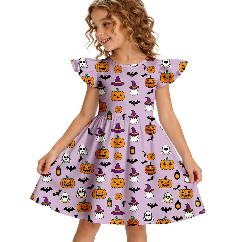Girls Halloween Casual Dress Ruffle Sleeve Round Neck Dress Lightweight Comfortable Fit for Everyday Wear and Party