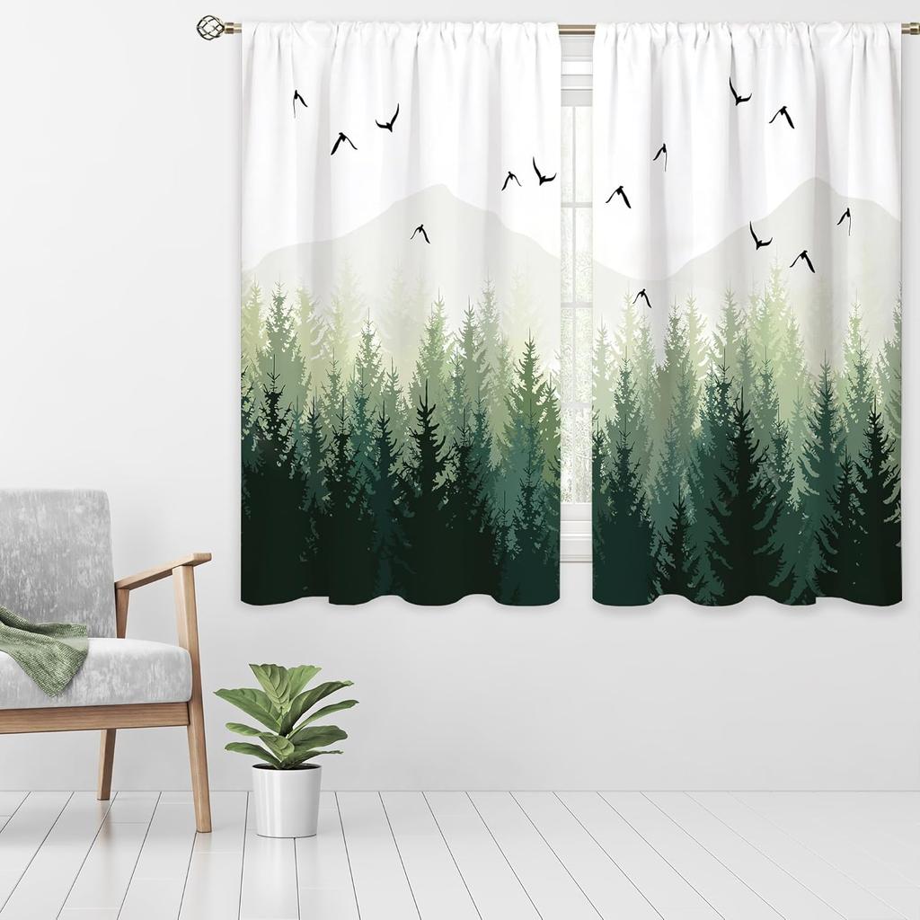 Grüne neblige Waldfenstergardinen Natur Kiefernwald Berglandschaft Vogelgardinenschals Aus Polyester Mit Stangentasche Waschbar