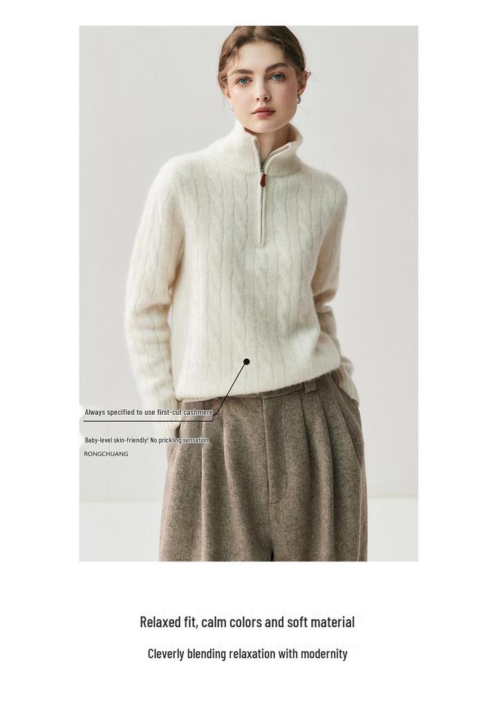 Women's High Neck Cashmere Cable Knit Sweater with Half Zip