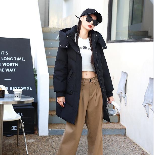 Women's Winter Autumn Thick Hooded White Duck Down Jacket Coat Loose Middle Long Solid Color Big Pocket Detachable Hat Down Coat