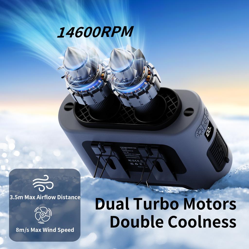 Socool 14500mAh Přenosný pasový ventilátor Dvojitý výstup vzduchu Turbo motory se čtyřmi klipy Nouzové světlo Power Banka pro venkovní použití