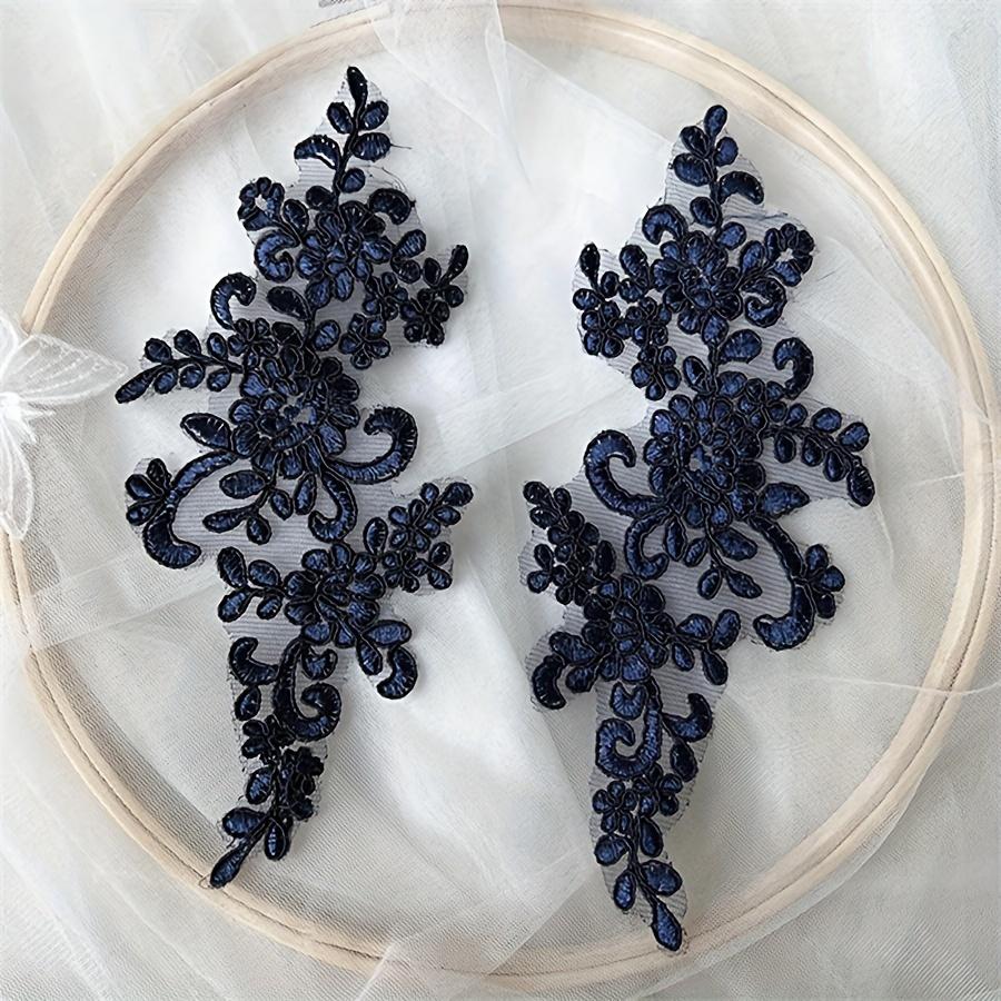 Pair of Floral Lace Applique Patches Embroidered Iron-On Decoration for Wedding Dress DIY Crafting - White