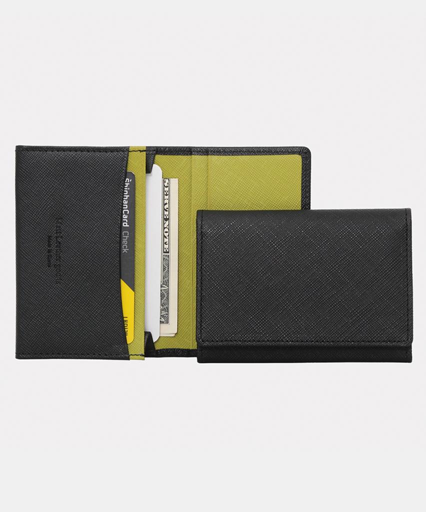 Matt Saffiano Cowhide Slim Business Card Holder Black + Lime Green