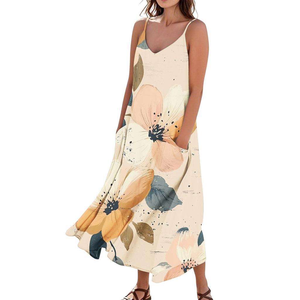 Women's Casual Tie- Floral Print Sleeveless Pocket Dress