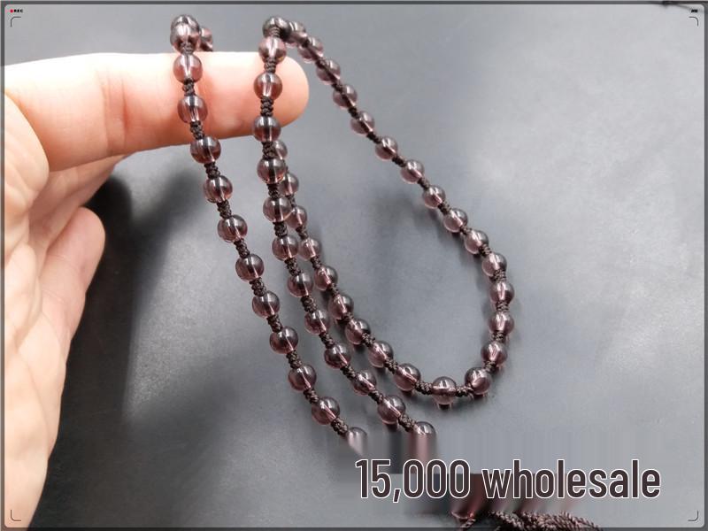 Hand-Woven Amethyst Round Bead Necklace with Purple Cord Hanging Rope