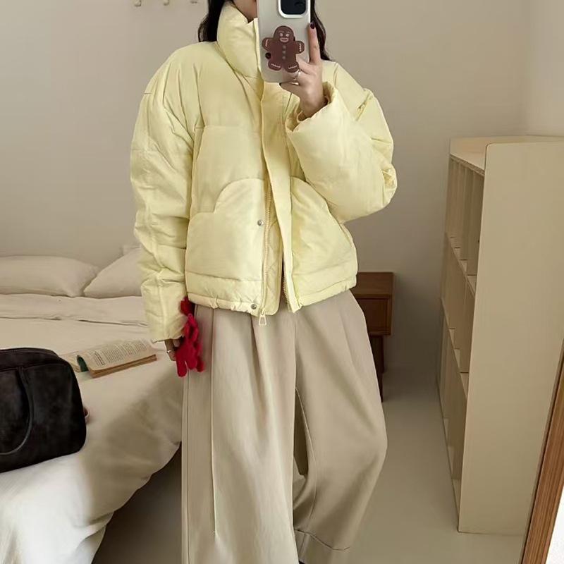 Korean love pocket down jacket women's short 2025 winter sweet stand-up collar warm white duck down small bread jacket