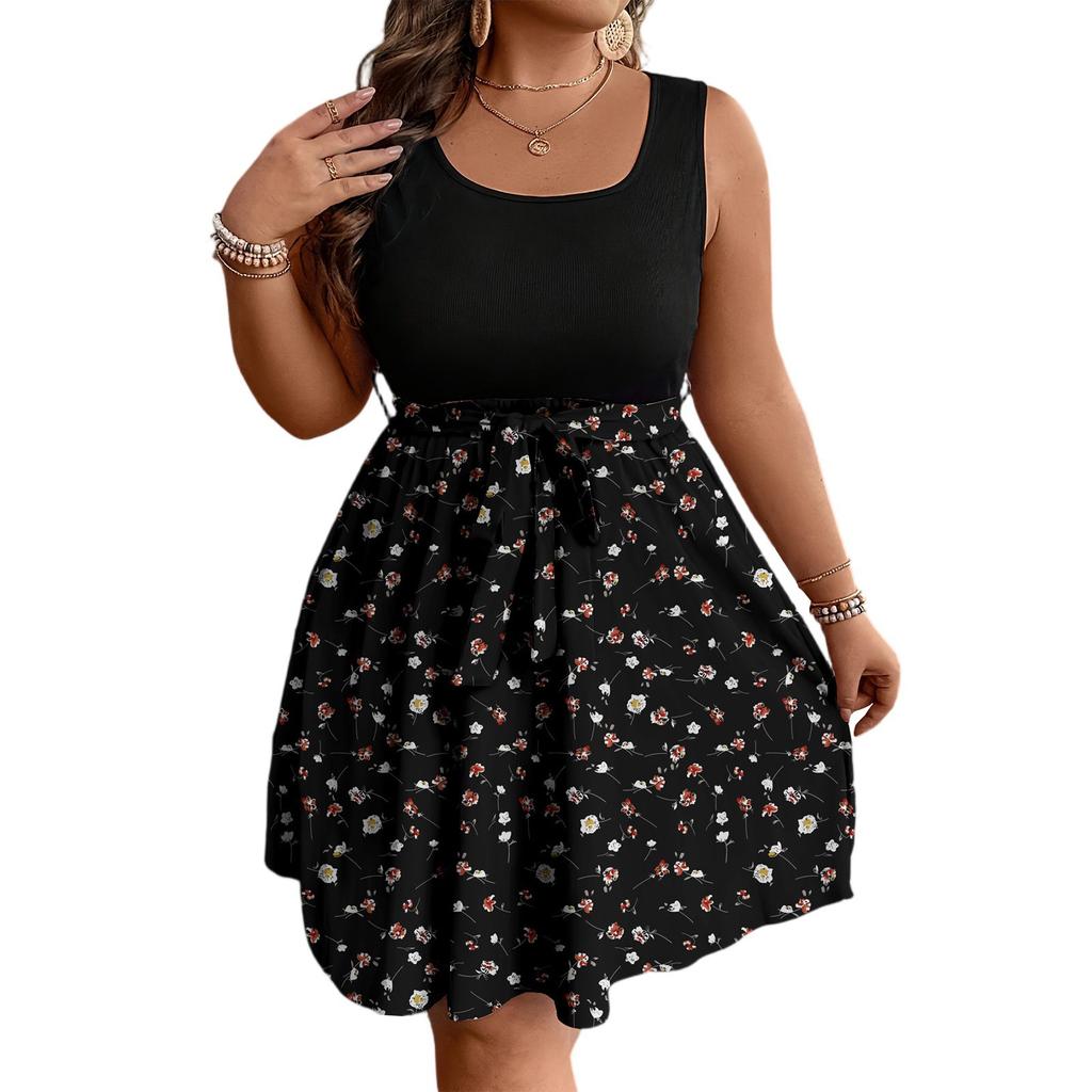 Women's Fashionable Casual Color Blocked Printed Sleeveless Waist Dress In Large Size