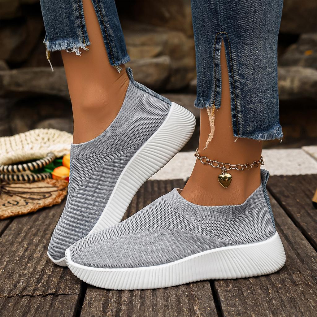 Women Breathable Lightweight Flyknit Slip On Sneakers Soft Sole Casual Flat Walking Shoes for Summer Outdoor Indoor Use