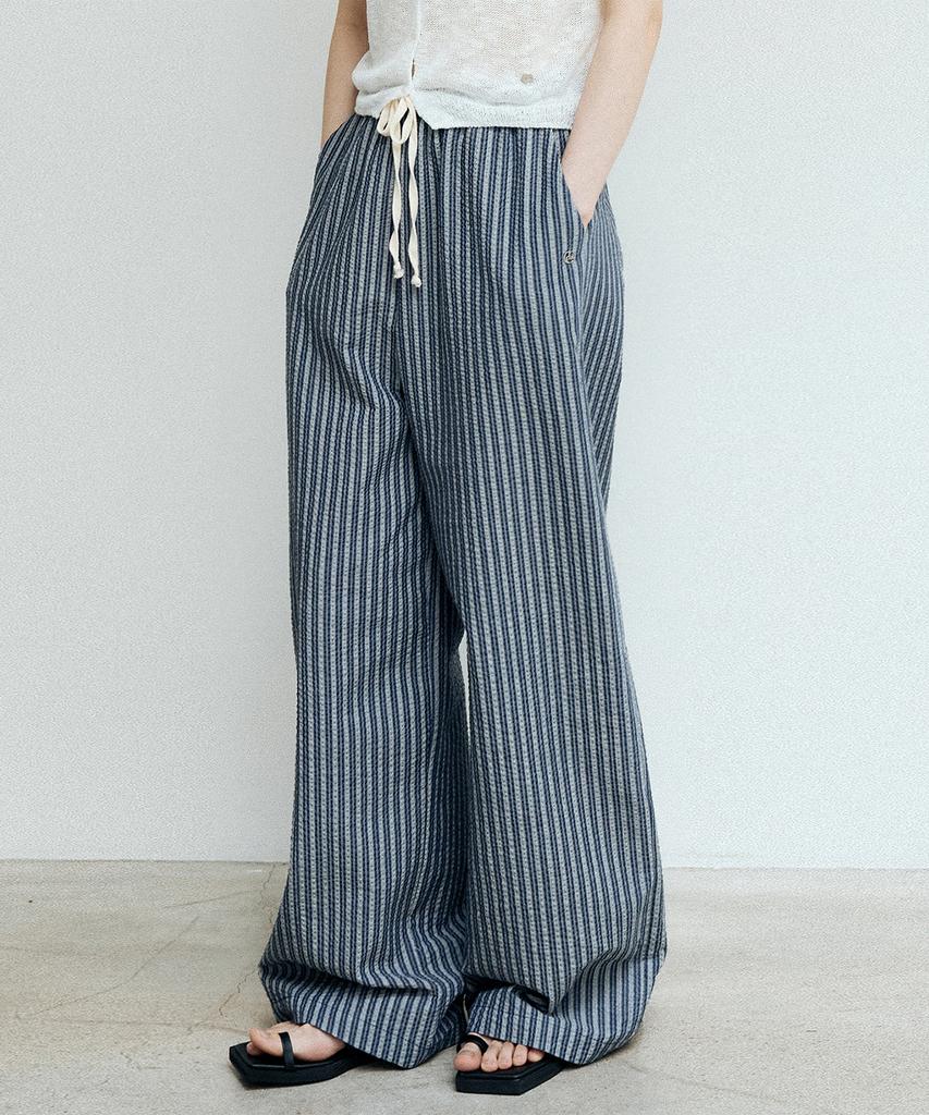 LOEIL Cozy Striped Wide Pants - Navy