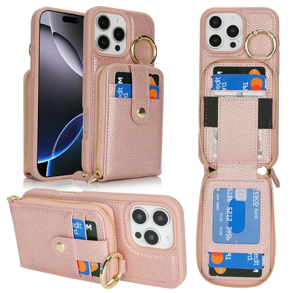 For iPhone 16 Pro Case with Zipper Pouch/Ring Kickstand/Strap Litchi Texture PU + TPU Phone Cover