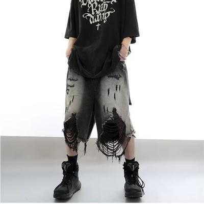 Pantaloncini strappati vecchi lavati larghi da uomo High Street Pantaloncini retrò americani Summer Street Y2K Pantaloncini di jeans casual a gamba larga con nappa hip-hop