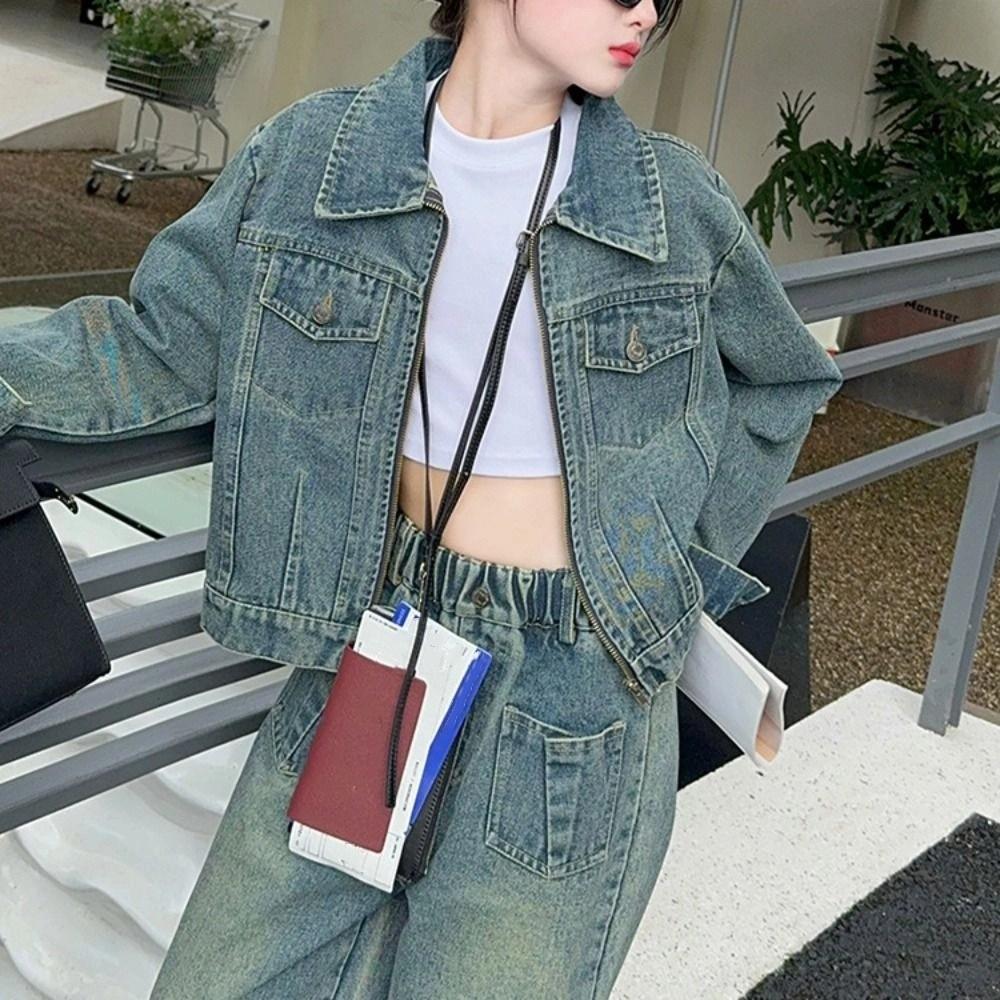 Y2K Jeans Jacket Suit Wide Leg Pants Girls Clothes Set Outfits Children Cowboy Set  Students