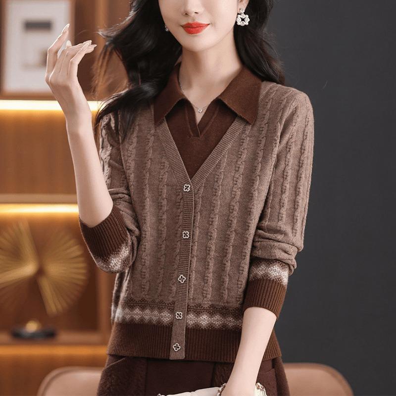Women's Retro Ethnic Style Knitwear Autumn and Winter Holiday Two-piece Shirt Sweater Loose Flesh Covering Temperament Top