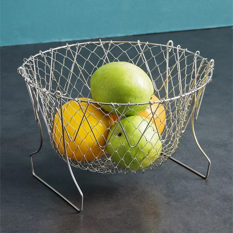 Foldable Fry Basket Multifunction Steam Rinse Strain Drainer Basket Mesh Basket Strainer Vegetable Washer Basket Kitchen Gadget