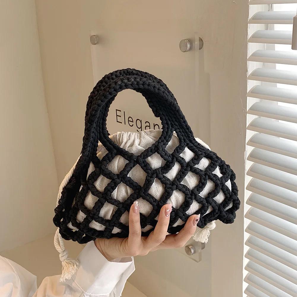 Cotton Thread Purse Handbag Fashion Knitting Mini Top-Handle Bag Personality Boho Tote Bag Woven for Women Girls Casual Summer