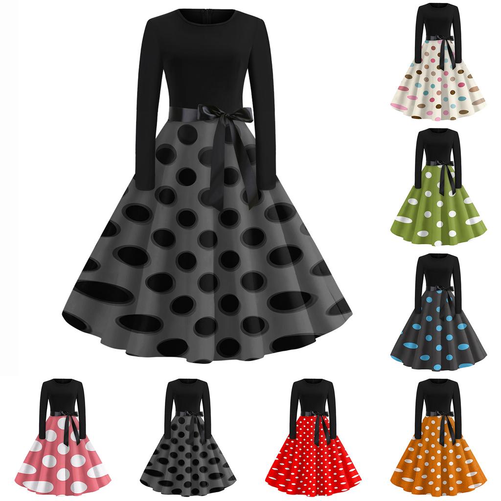 Women’s Casual Vintage Crew Neck Polka Dot Printed Long Sleeve A-Line Dress with Waist Ribbon for Everyday Wear