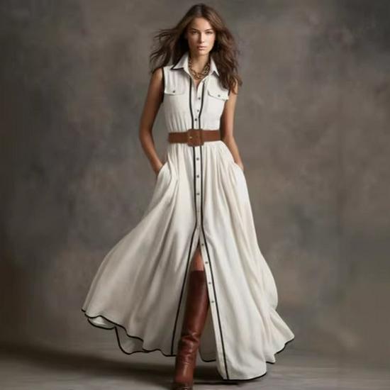 2026 Retro Style Sleeveless Ruffled White Cotton-Linen Blend Long Dress