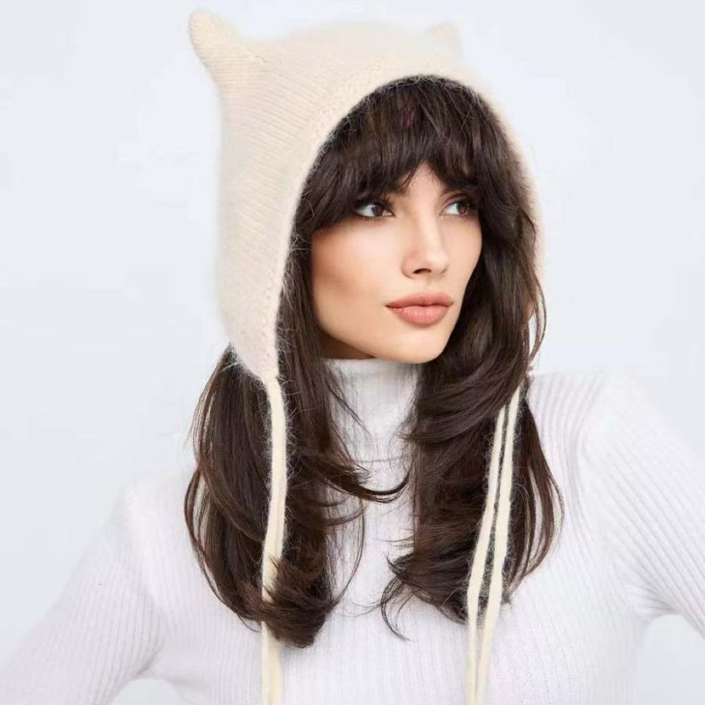 Solid Color Knit Winter Hat Laced Up Plush Fluffy Hat Cute Cat Ear Beanie For Women