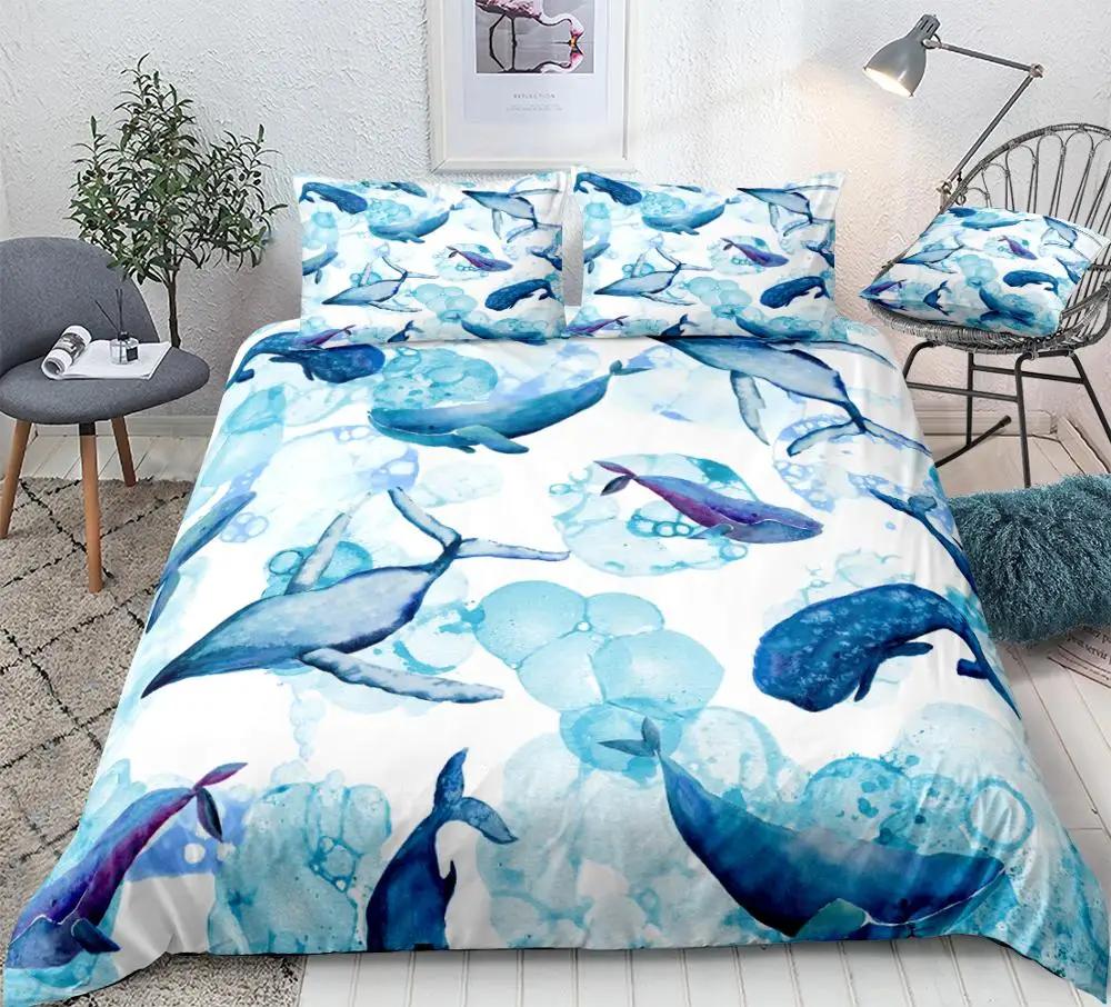 Set Copripiumino Oceanico Set Biancheria da Letto Balena Azzurra Biancheria da Letto Animale Marino Set Letto a Righe Tessile per la Casa in Microfibra per Bambini e Adolescenti