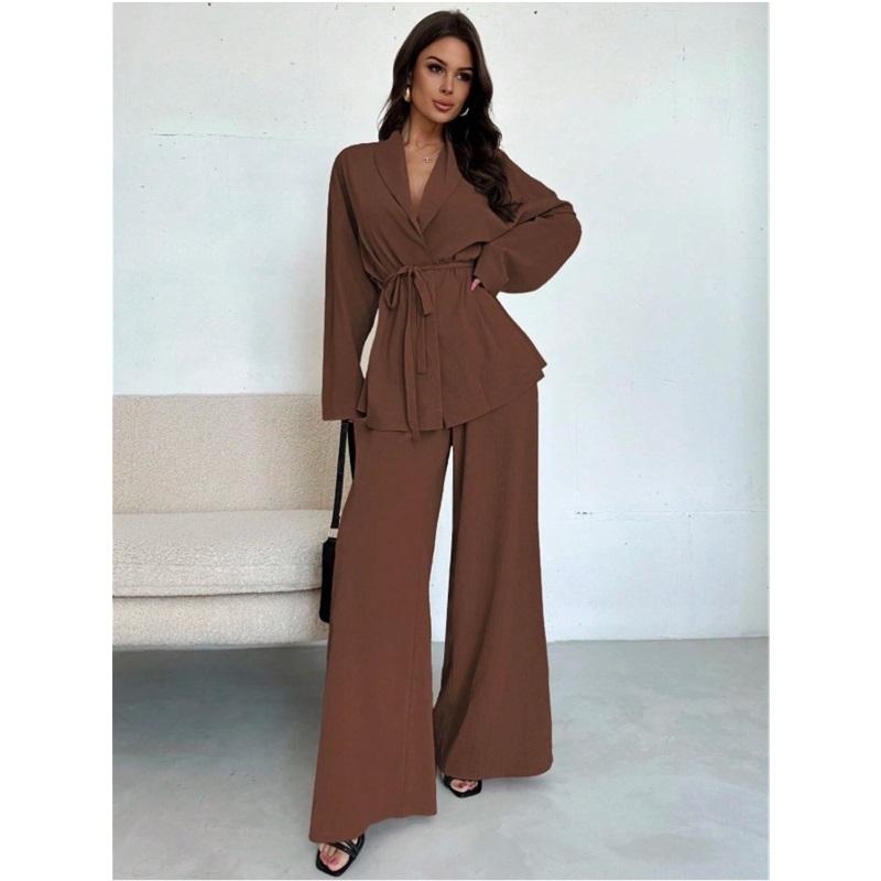 Women's 2 Piece Set V Neck Long Sleeve Belted Blazer & Wide Leg Pants Elegant Casual Office Outfit