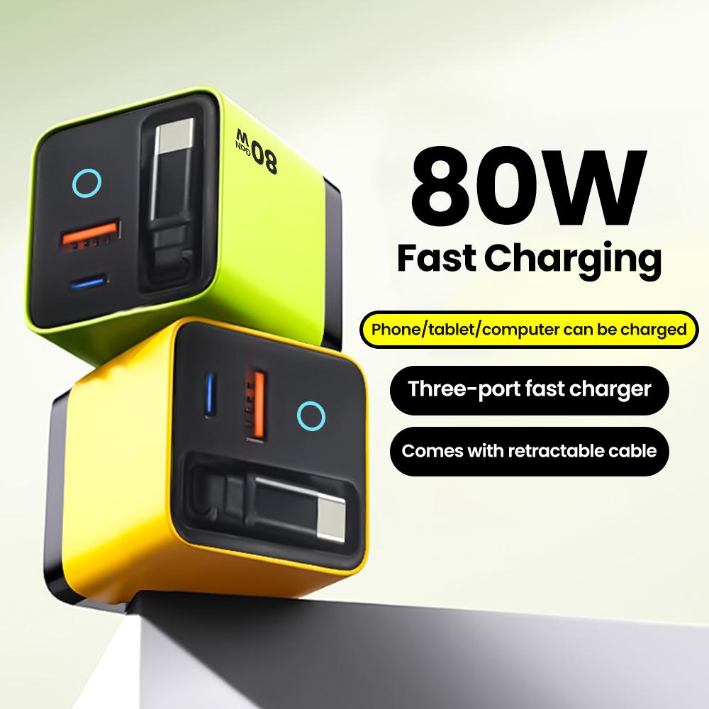 80W USB Type C super fast charger with LED indicator, equipped with a retractable cable, supports PD fast charging, suitable fo