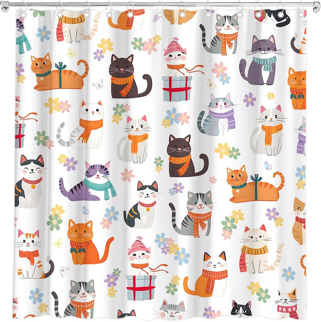 Lustiger Katze Duschvorhang Abstraktes Kätzchen Bunt Niedlich Floral Schmetterling Liebliche Haustiere Cartoon Tier Wildblume Modern Minimalismus
