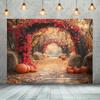 1 Autumn Harvest Photography Background Cloth and Party Banner - Bright Fallen Leaf Pumpkin Path Design Durable Polyester