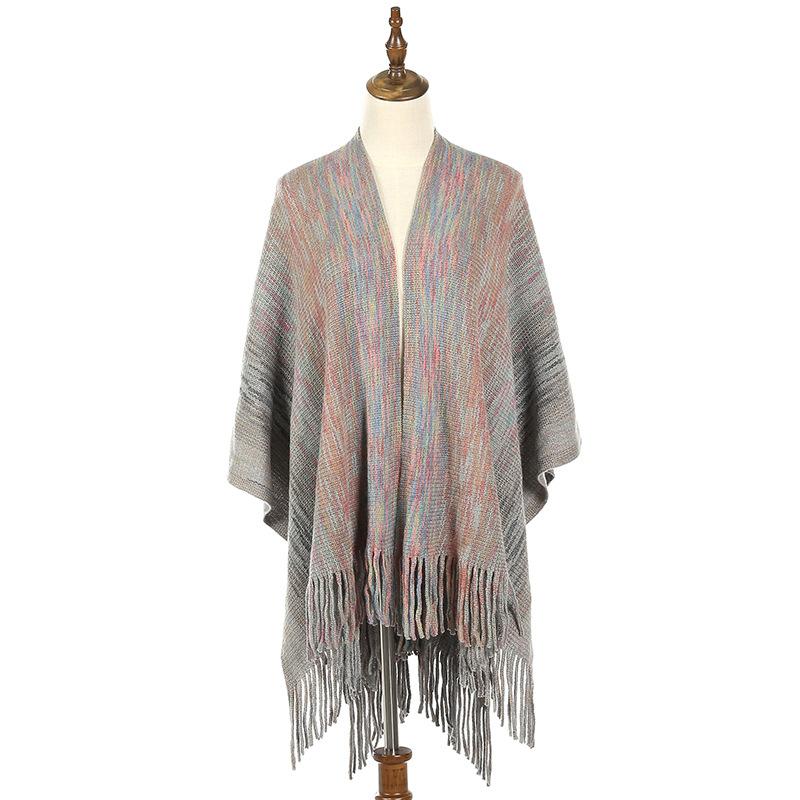Women Gradient Space‑Dye Tassel Poncho Cape, Polyester Knit Open Front Shawl Wrap, Casual Soft Oversized Shoulder Cover Outerwear